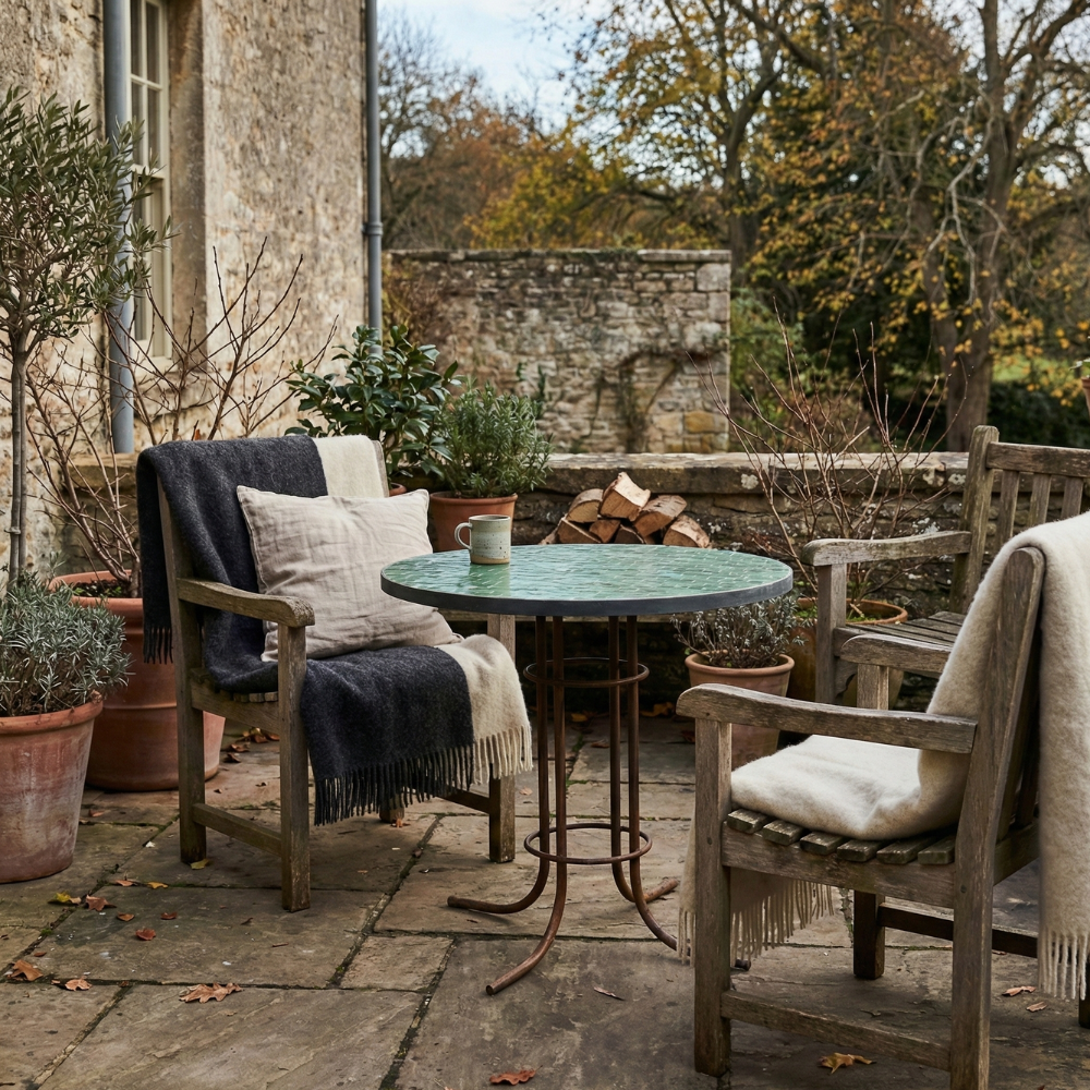 Table ronde en zellige vert à motif rectangulaire installée dans un jardin