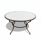 Table ronde en zellige marocain beige avec frise artisanale et pied fixe en fer forgé noir