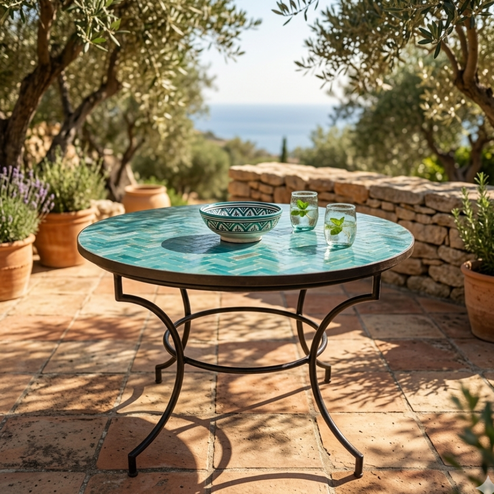 Table ronde en zellige bleu ciel Ø120 cm installée sur terrasse extérieure avec ambiance méditerranéenne et pied fixe en fer forgé noir