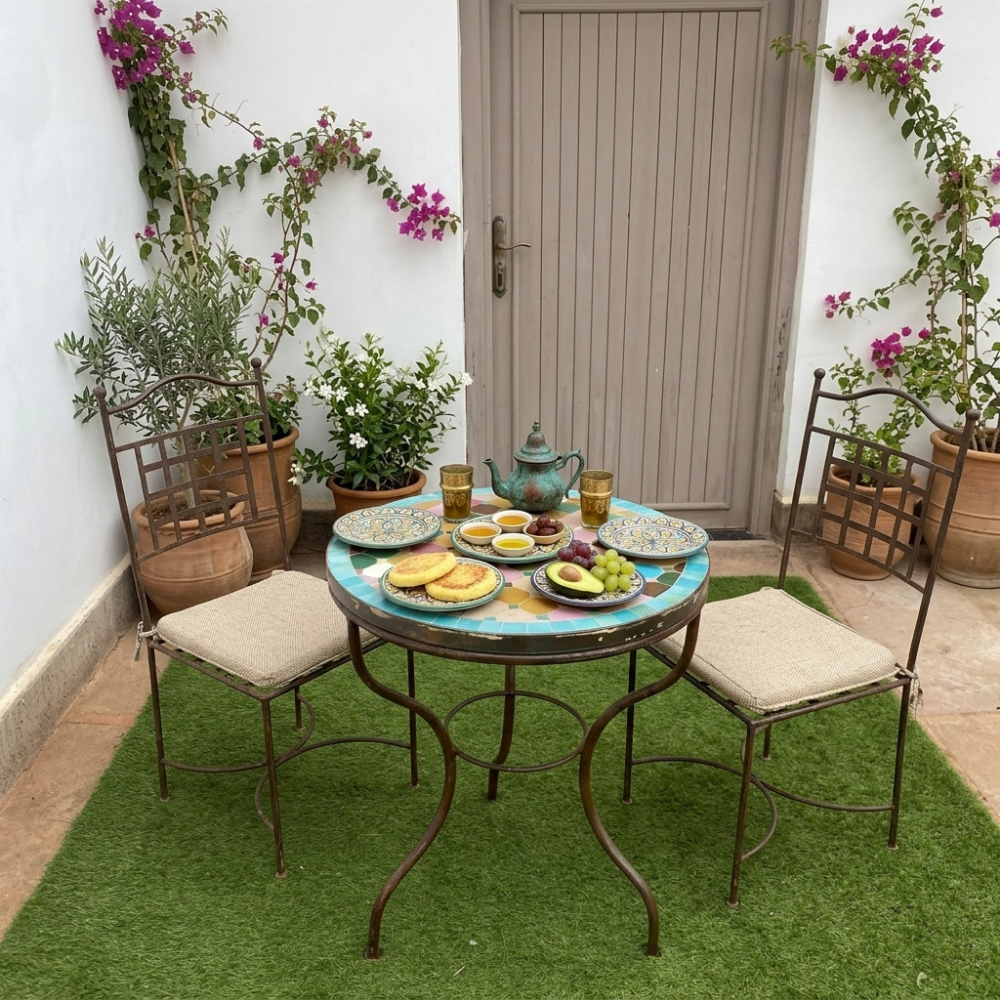 Table ronde en zellige avec frise bleue Ø60 cm intégrée dans un balcon extérieur contemporain