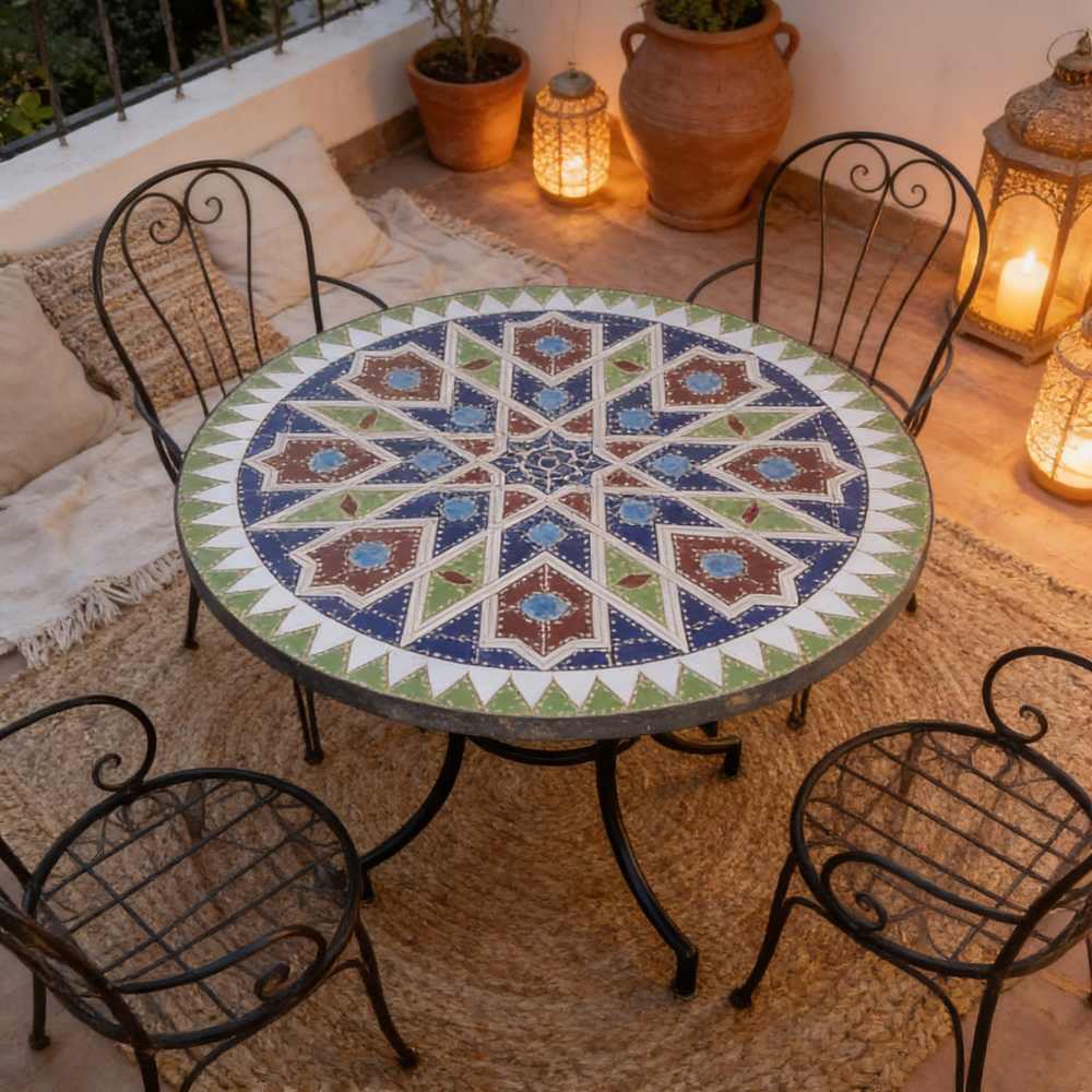 Table ronde en zellige multicolore Ø100 cm avec motif géométrique installée sur terrasse extérieure