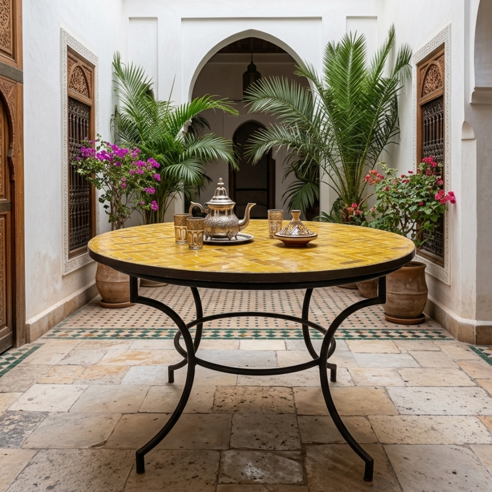 Table ronde en zellige jaune Ø120 cm installée dans un jardin méditerranéen avec pied fixe en fer forgé noir artisanal