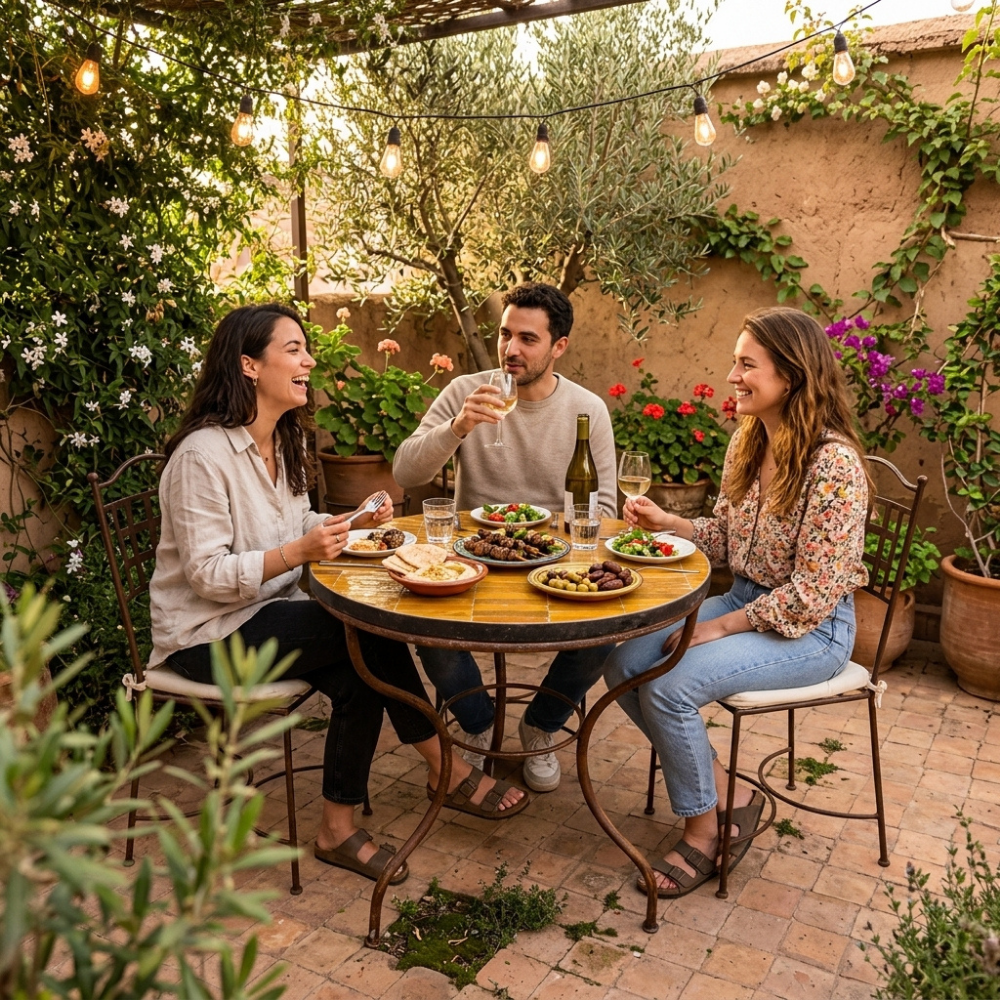 Table ronde en zellige marron avec cabochons blancs Ø60 cm intégrée dans un balcon extérieur