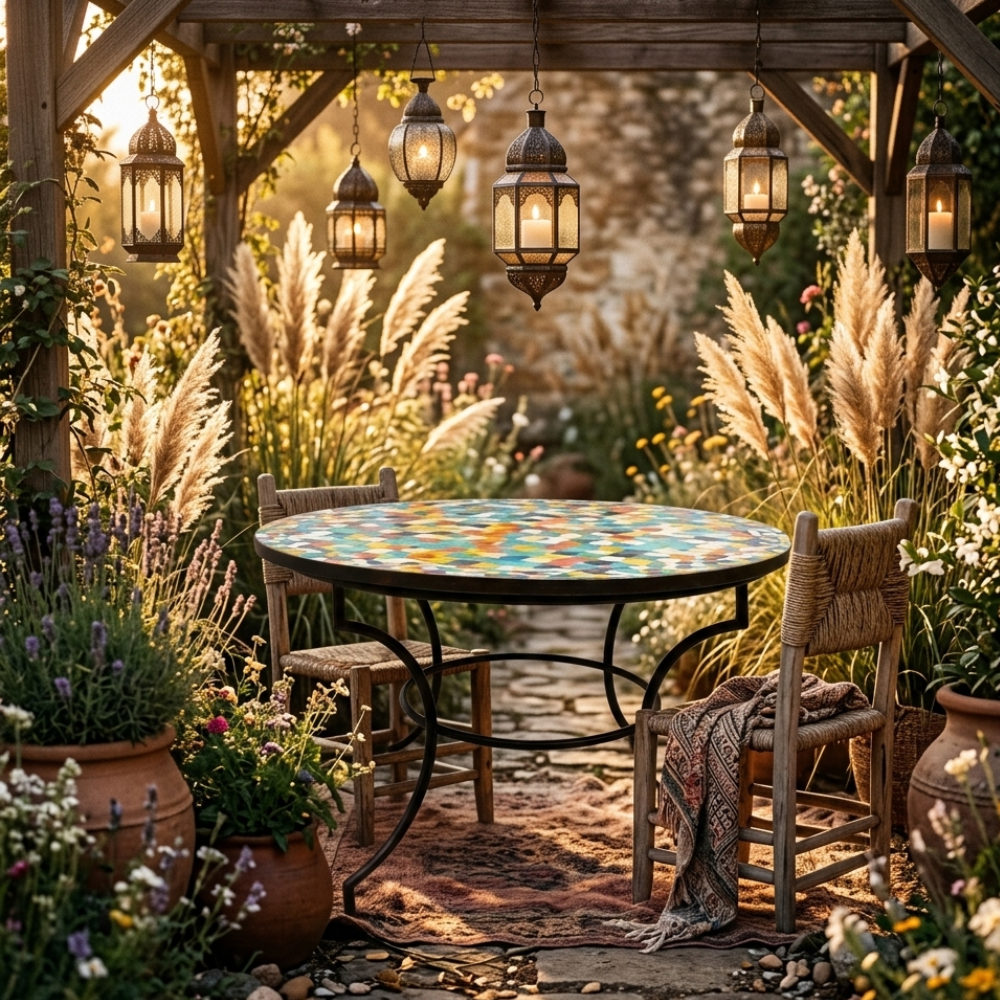 Table ronde en zellige multicolore Ø100 cm installée sur une terrasse avec pied en fer forgé rouillé