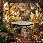 Table ronde en zellige multicolore Ø100 cm installée sur une terrasse avec pied en fer forgé rouillé
