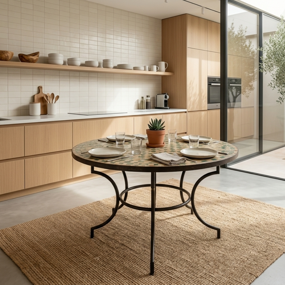 Table ronde en zellige multicolore vert jaune et noir Ø120 cm installée sur une terrasse avec pied en fer forgé rouillé