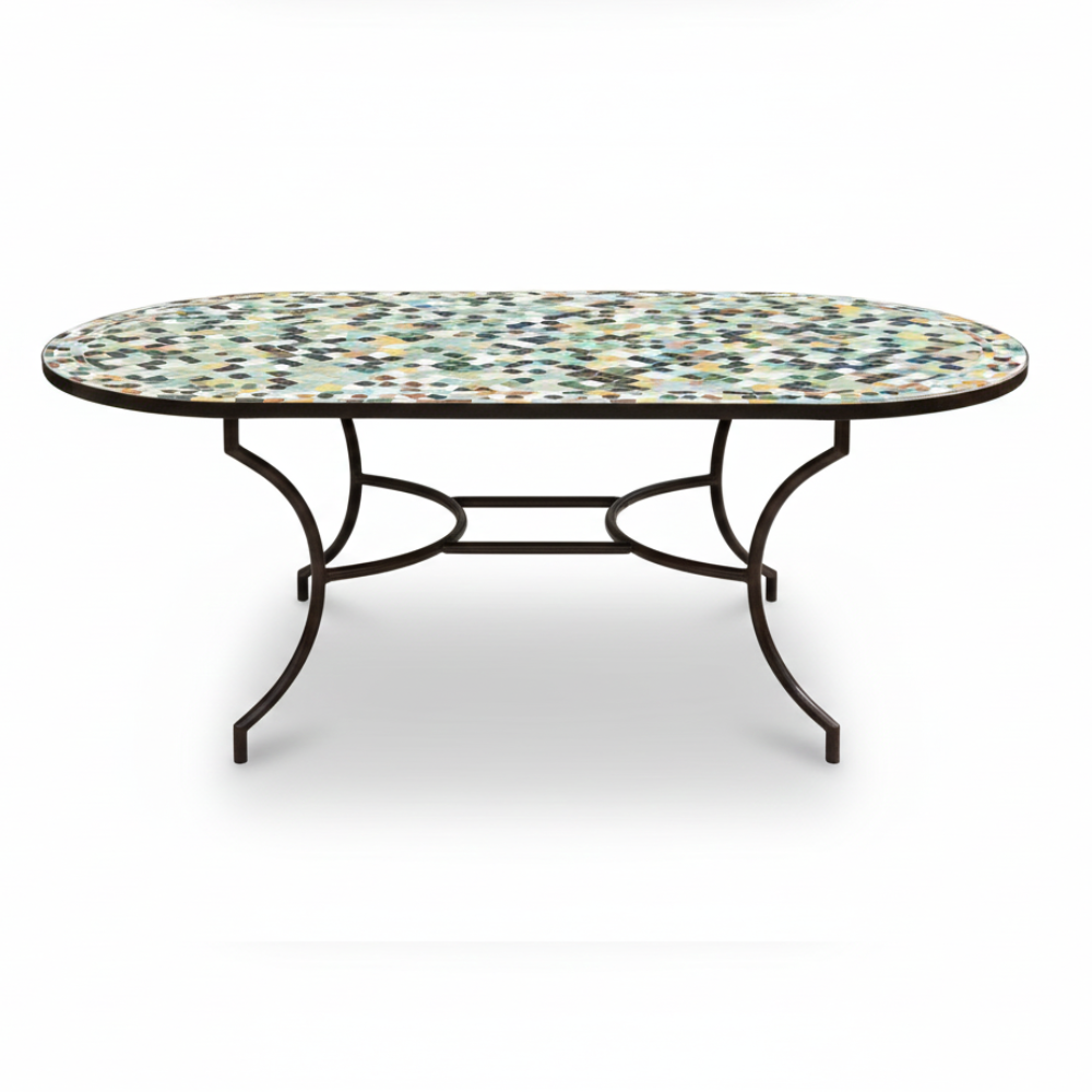 Table zellige ovale multicolore avec pied fixe en fer forgé noir