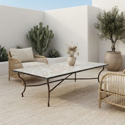 Table en zellige 210 × 100 cm Blanc et beige – Table artisanale avec plateau en résine et pied fixe en fer forgé noir