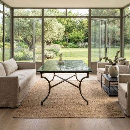 Table en zellige 150 × 100 cm Vert Tamegroute – Table artisanale en béton avec pied fixe en fer forgé noir