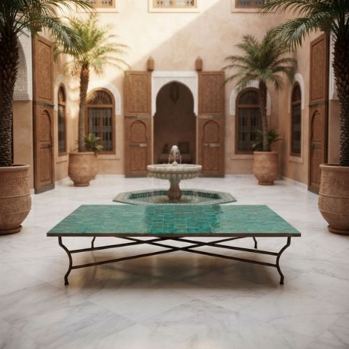 Table basse en zellige 200 × 90 cm Vert – Table artisanale marocaine avec pied pliable en fer forgé rouillé