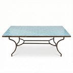 Table zellige rectangulaire bleu ciel avec pied fixe en fer forgé noir