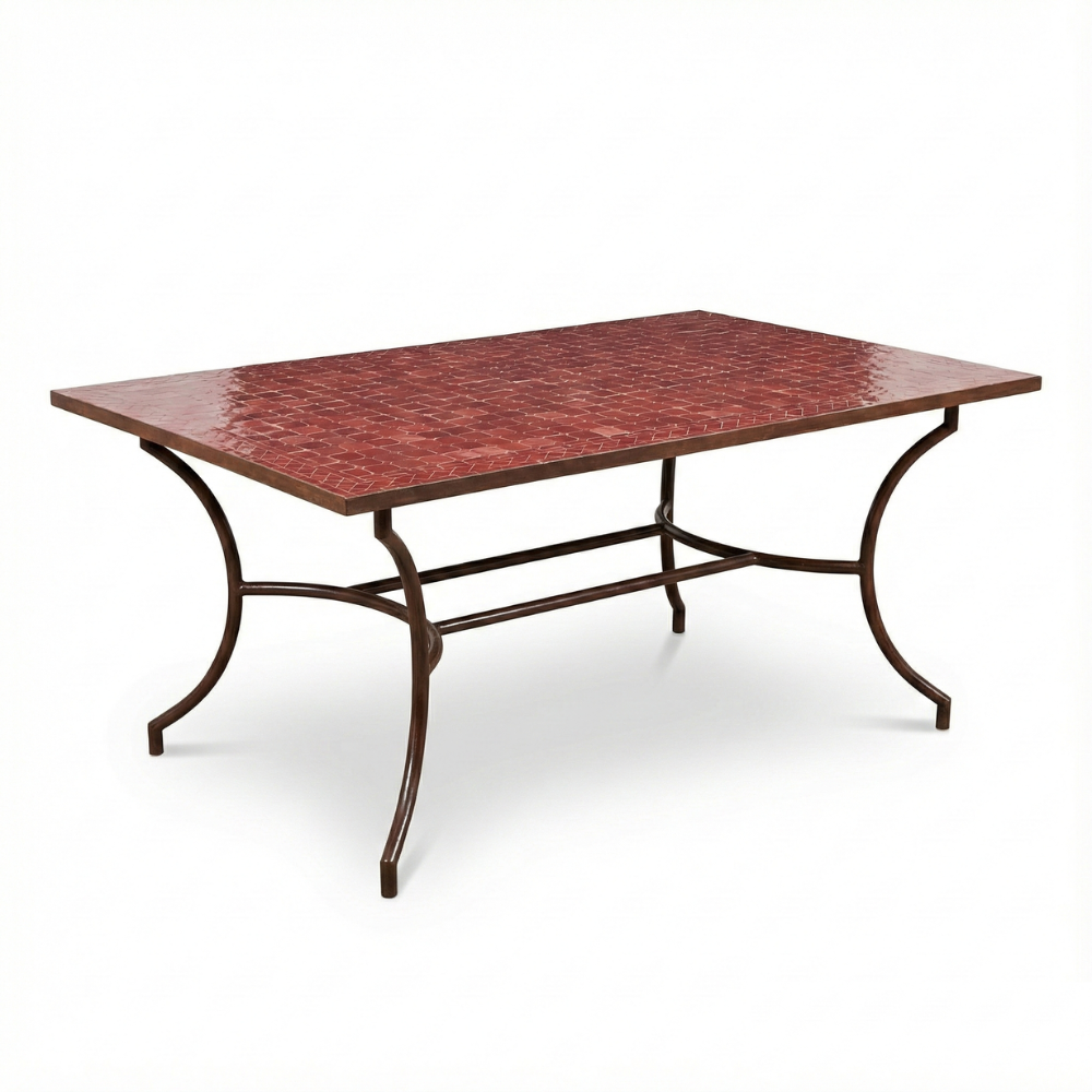 Table zellige rectangulaire rouge bordeaux avec pied fixe en fer forgé noir