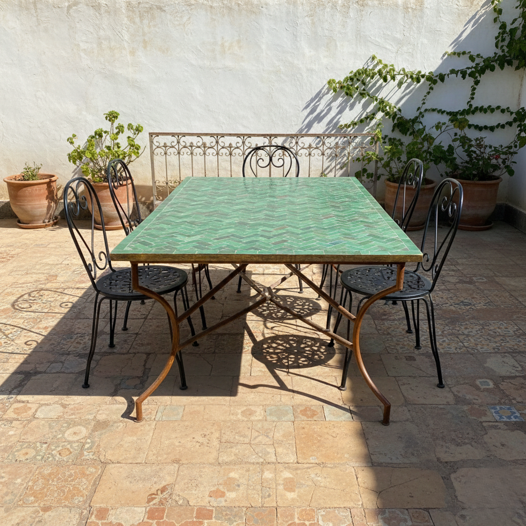 Table rectangulaire en zellige marocain nuances vert bleu et brun avec pied pliable en fer forgé posée en terrasse