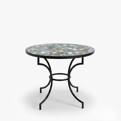 Table ronde en zellige Ø 100 cm multicolore – Table artisanale en béton avec pied fixe en fer forgé noir