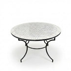 Table ronde en zellige Ø 120 cm Beige – Table artisanale marocaine avec pied fixe noir en fer forgé