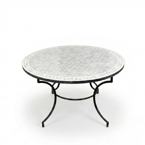 Table ronde en zellige Ø 120 cm Beige – Table artisanale marocaine avec pied fixe noir en fer forgé