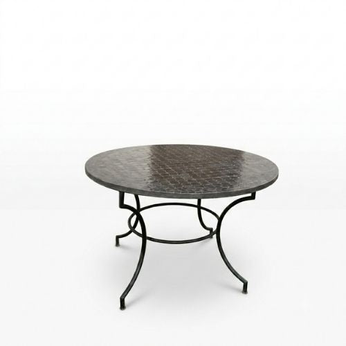 Table ronde en zellige Ø 120 cm noire – Table artisanale en béton avec pied fixe en fer forgé noir