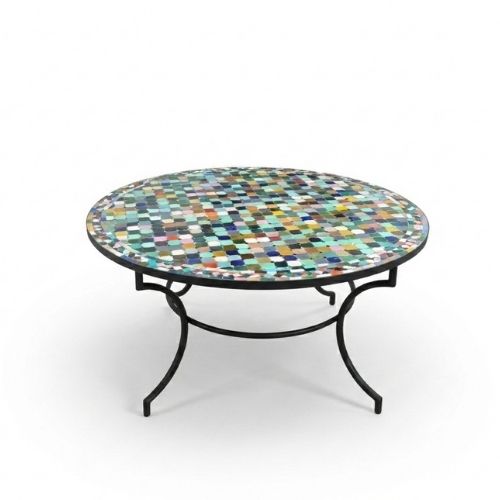 Table ronde en zellige Ø 150 cm Multicolore – Grande table artisanale marocaine avec pied fixe noir en fer forgé