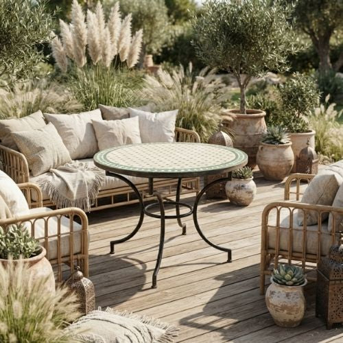 Table ronde en zellige Ø 100 cm Beige avec cabochon vert – Table artisanale en béton avec pied fixe en fer forgé noir