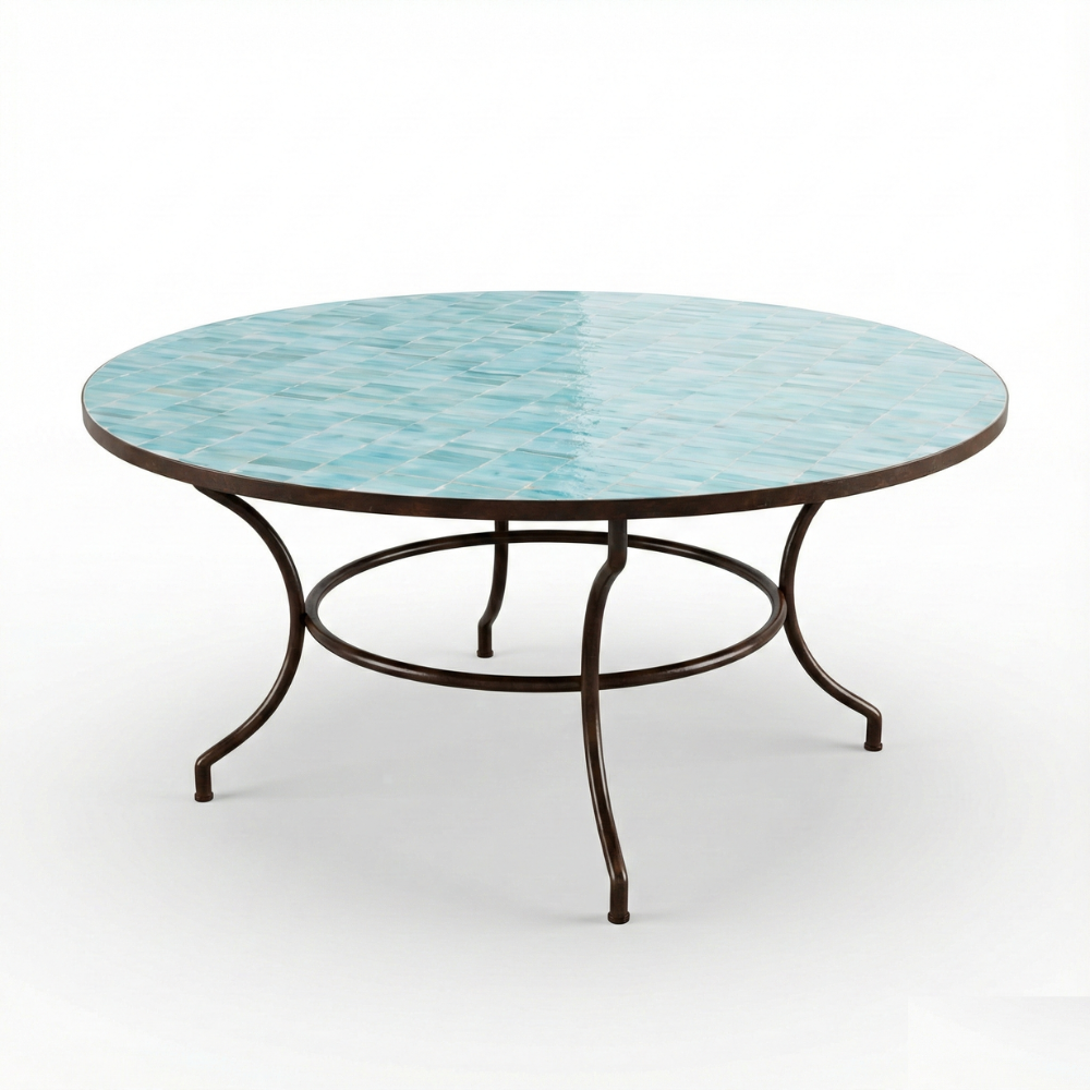 Table ronde zellige bleu ciel avec pied fixe en fer forgé noir