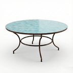 Table ronde zellige bleu ciel avec pied fixe en fer forgé noir