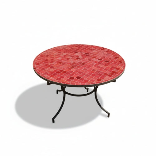Table marocaine ronde en zellige bordeaux avec plateau artisanal et pied fixe en fer forgé noir