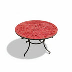 Table marocaine ronde en zellige bordeaux avec plateau artisanal et pied fixe en fer forgé noir