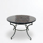 Table en zellige rond Ø 120 cm noir et marron avec emplacement pour parasol et pied fixe en fer forgé – Table artisanale marocaine haut de gamme