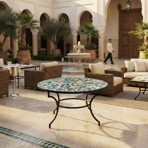 Table ronde en zellige Ø 150 cm Multicolore – Grande table artisanale marocaine avec pied fixe noir en fer forgé