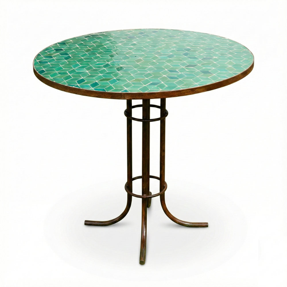 Table ronde zellige vert avec pied fixe moderne en fer forgé noir