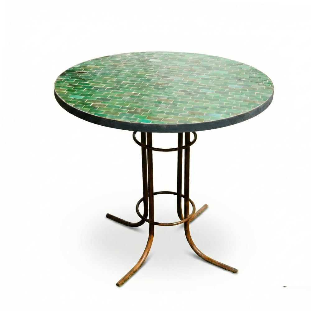 Table ronde zellige vert à motif rectangulaire avec pied moderne en fer forgé