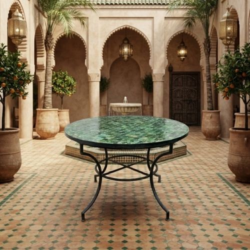 Table Ronde en Zellige Vert Ø 120 cm – Plateau en Béton et Pied Fixe Noir en Fer Forgé