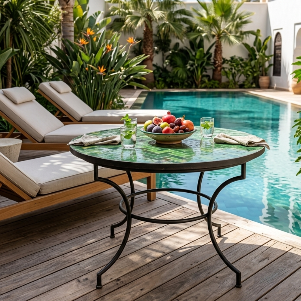 Table ronde en zellige vert Tamegroute Ø120 cm installée sur terrasse extérieure avec pied fixe en fer forgé noir artisanal