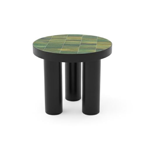 Table ronde en zellige marocain vert Tamegroute posée à la main, finition artisanale et structure en fer forgé noir