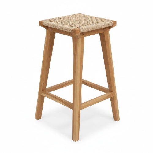 Tabouret haut en teck pour extérieur avec assise tressée synthétique, hauteur d’assise 75 cm, usage bar et terrasse