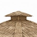 Détail de la toiture en palmier arumbia avec tressage naturel et ventilation optimisée