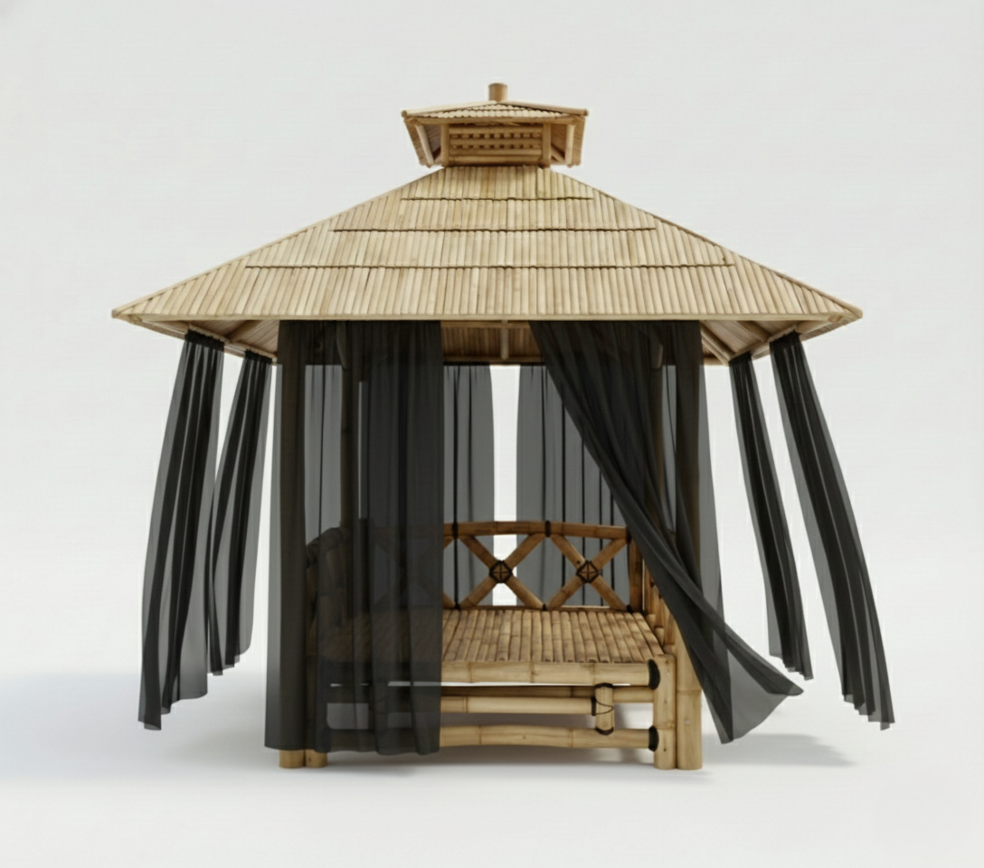 Voilage décoratif pour gazebo bambou offrant une finition élégante sans modifier la structure existante