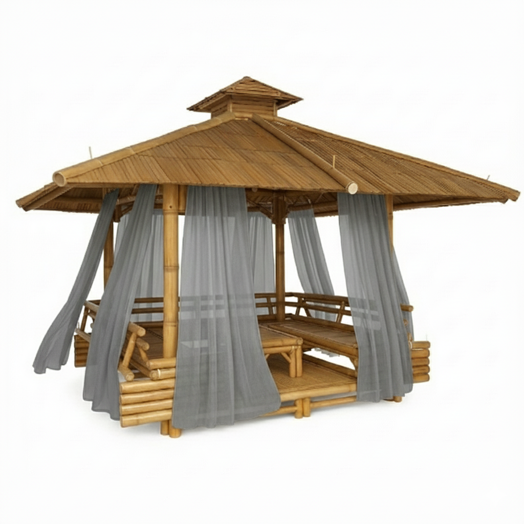 Voilage décoratif installé sur gazebo bambou en jardin filtrant légèrement la lumière sans effet occultant