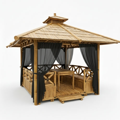 Voilage noir transparent pour paillote bambou créant une ambiance tamisée sans fermeture visuelle de l’espace