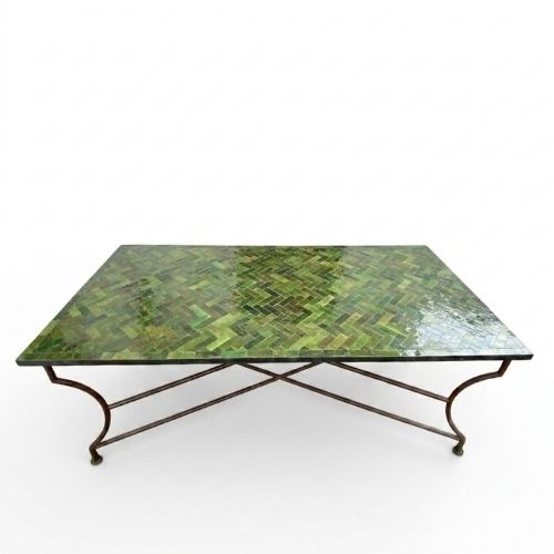 Table en zellige 200 × 100 cm Vert Tamegroute – Table artisanale marocaine avec plateau en résine et pied fixe noir en fer forgé