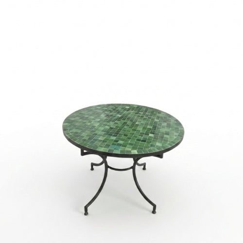 Vue de dessus du plateau rond en zellige vert de la table Ø 100 cm