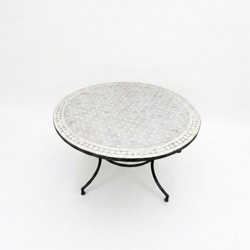 Table ronde en zellige Ø 120 cm Beige – Table artisanale marocaine avec pied fixe noir en fer forgé