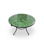 Table Ronde en Zellige Vert Ø 120 cm – Plateau en Béton et Pied Fixe Noir en Fer Forgé