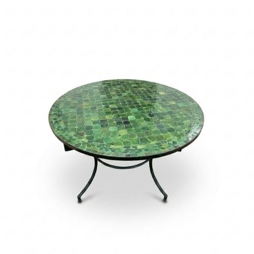 Table Ronde en Zellige Vert Ø 120 cm – Plateau en Béton et Pied Fixe Noir en Fer Forgé