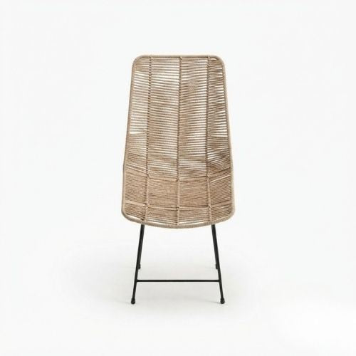 Chaise Design en Corde Tressée Beige et Métal Noir pour Jardin, Terrasse et Intérieur