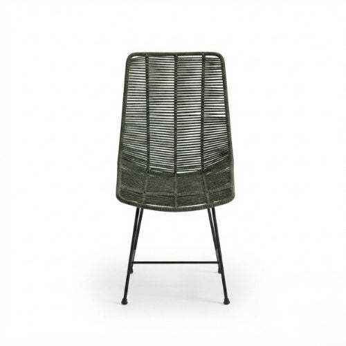 Chaise Design en Corde Tressée Vert Olive et Métal Noir pour Jardin, Terrasse et Intérieur