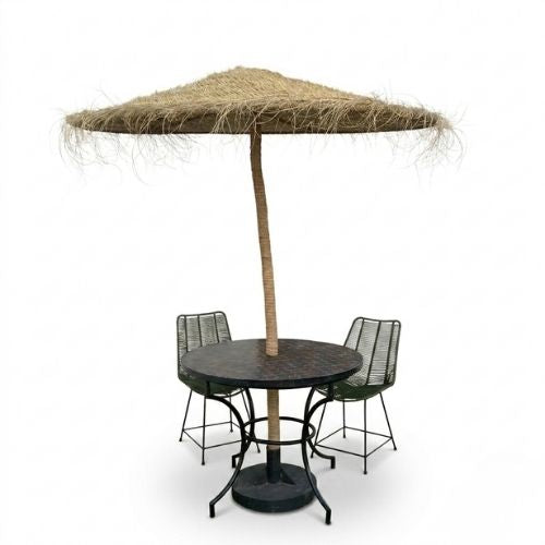 Table en zellige rond Ø 120 cm noir et marron avec emplacement pour parasol et pied fixe en fer forgé – Table artisanale marocaine haut de gamme