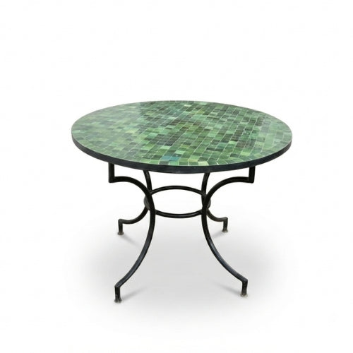Table ronde en zellige Ø 100 cm verte avec plateau en béton et pied noir en fer forgé