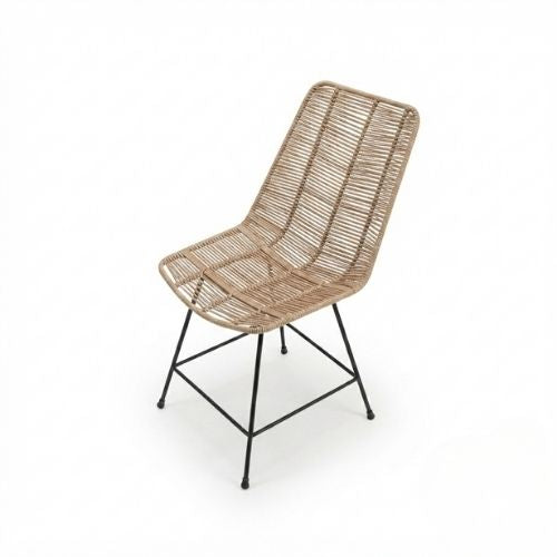 Chaise Design en Corde Tressée Beige et Métal Noir pour Jardin, Terrasse et Intérieur