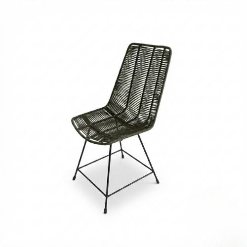 Chaise Design en Corde Tressée Vert Olive et Métal Noir pour Jardin, Terrasse et Intérieur